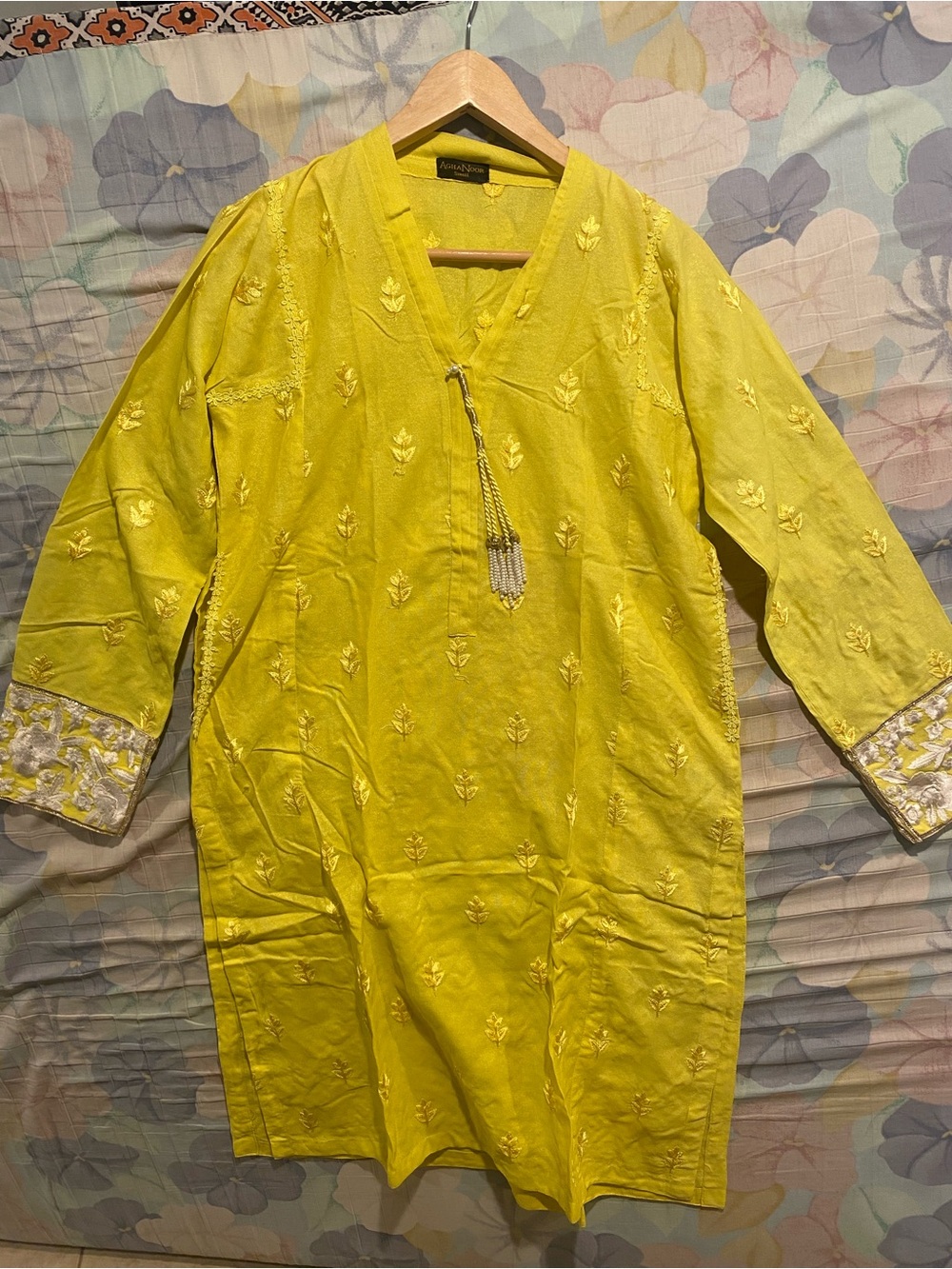 Agha Noor Yellow Embroidered Kurta Tunic with Tassel Detail